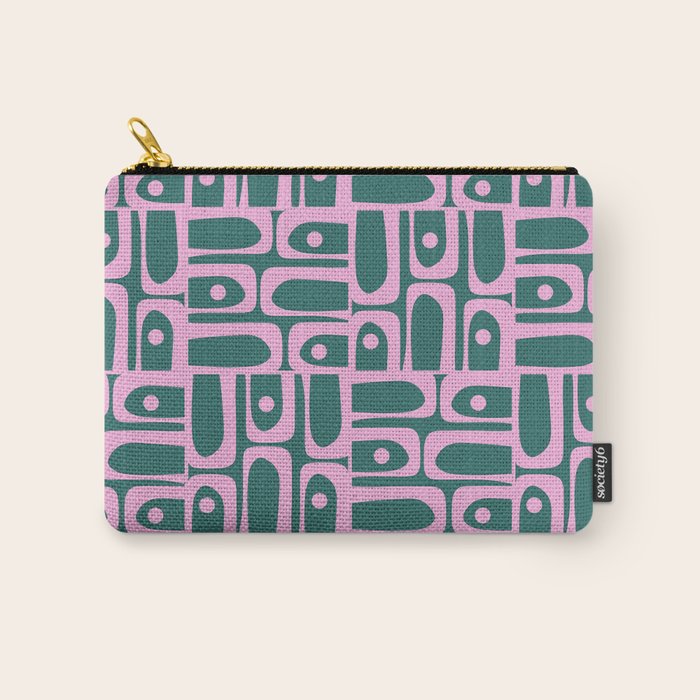 Mid Century Modern Piquet Abstract Multi Geometric Pattern in Teal Green and Pink Carry All Pouch Gallery Image 1