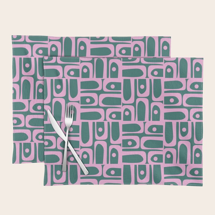 Mid Century Modern Piquet Abstract Multi Geometric Pattern in Teal Green and Pink Placemat Gallery Image 1