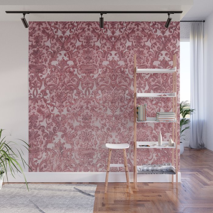 Elegant chic pink burgundy grunge floral damask Wall Mural Gallery Image 1