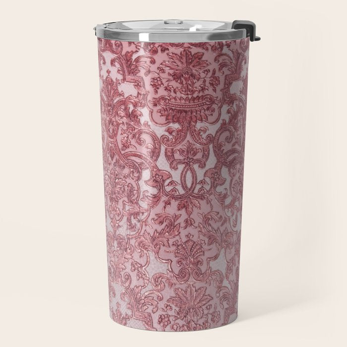 Elegant chic pink burgundy grunge floral damask Travel Mug Gallery Image 2