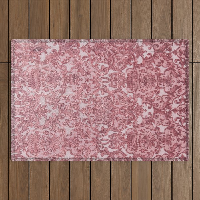 Elegant chic pink burgundy grunge floral damask Outdoor Rug Gallery Image 1