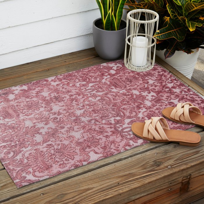 Elegant chic pink burgundy grunge floral damask Outdoor Rug Gallery Image 2