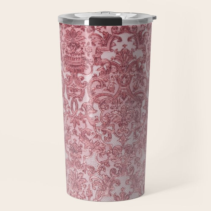 Elegant chic pink burgundy grunge floral damask Travel Mug Gallery Image 1