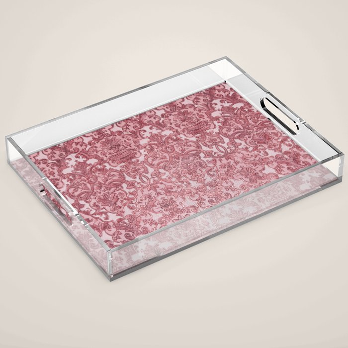 Elegant chic pink burgundy grunge floral damask Acrylic Tray Gallery Image 1