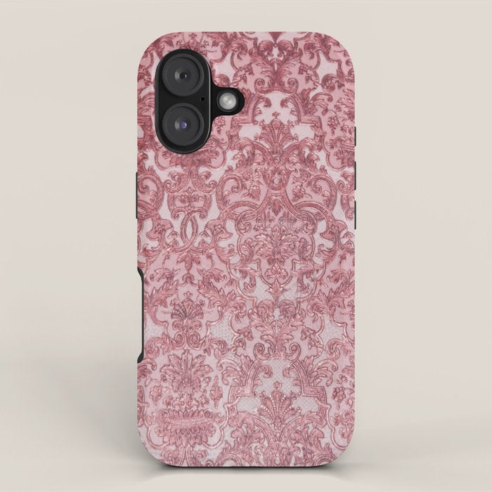 Elegant chic pink burgundy grunge floral damask iPhone Case Gallery Image 1