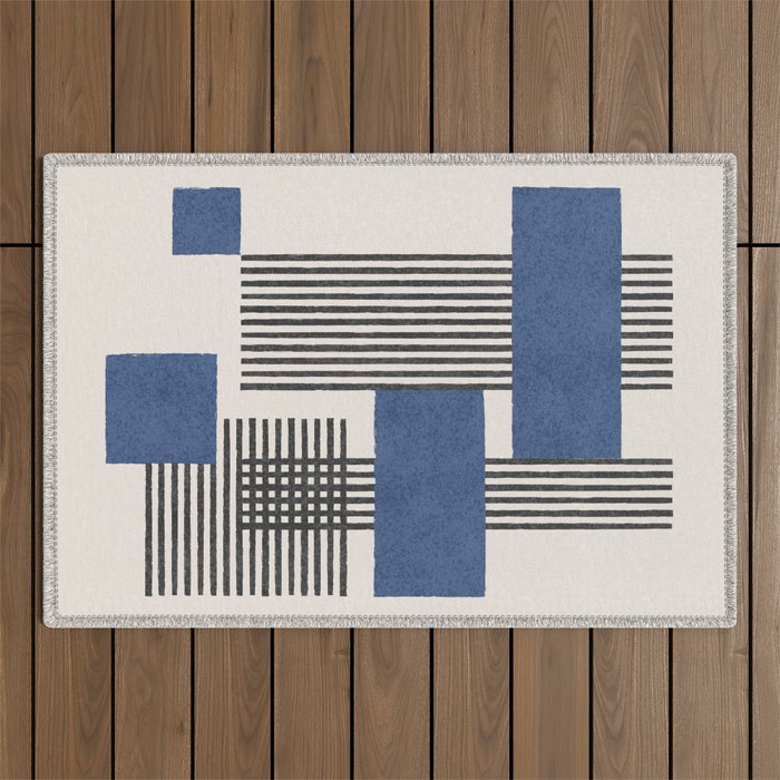 Stripes and Square Blue Composition - Abstract Outdoor Rug Gallery Image 1
