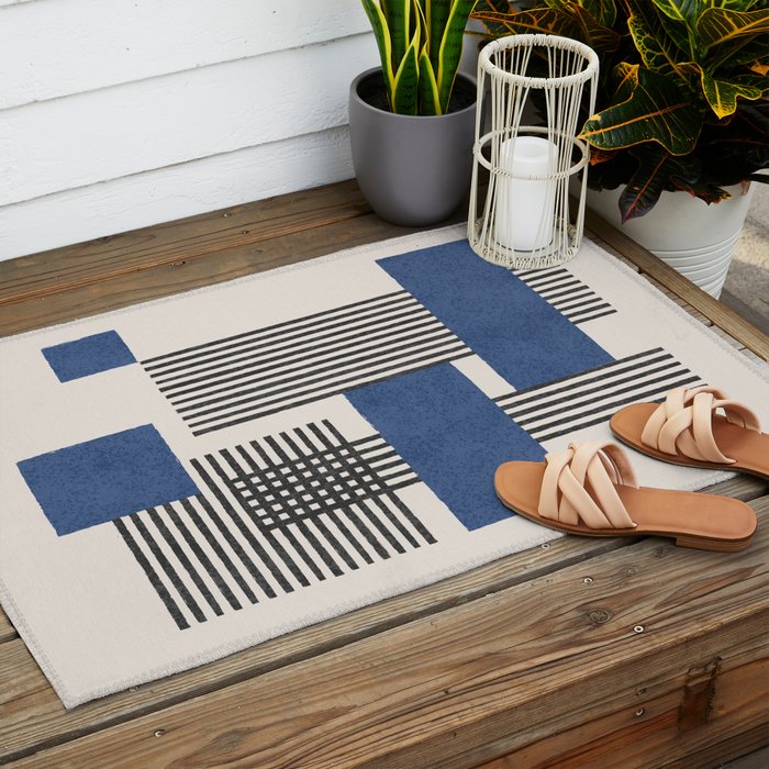 Stripes and Square Blue Composition - Abstract Outdoor Rug Gallery Image 2