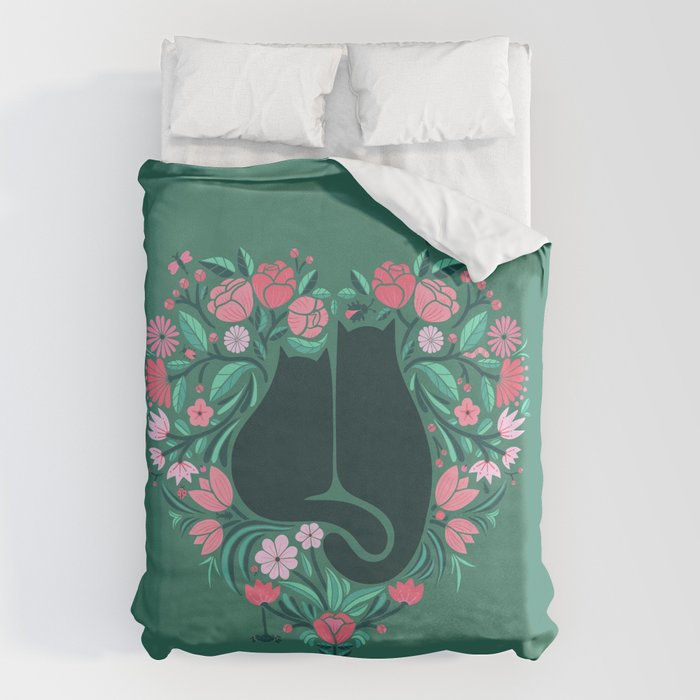 I Heart Cats and Flowers (in Green) Duvet Cover Gallery Image 1