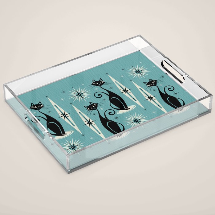 Mid Century Meow Retro Atomic Cats on Blue Acrylic Tray Gallery Image 1