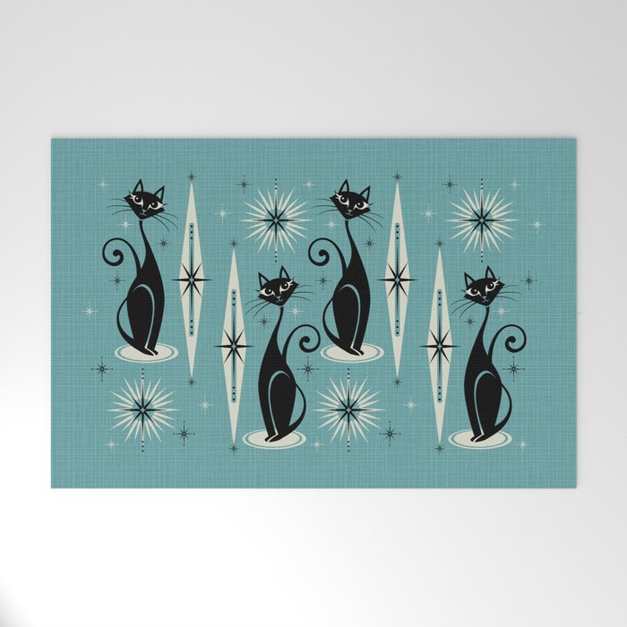 Mid Century Meow Retro Atomic Cats on Blue Welcome Mat Gallery Image 1
