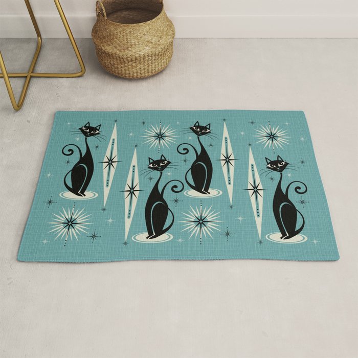Mid Century Meow Retro Atomic Cats on Blue Rug Gallery Image 1