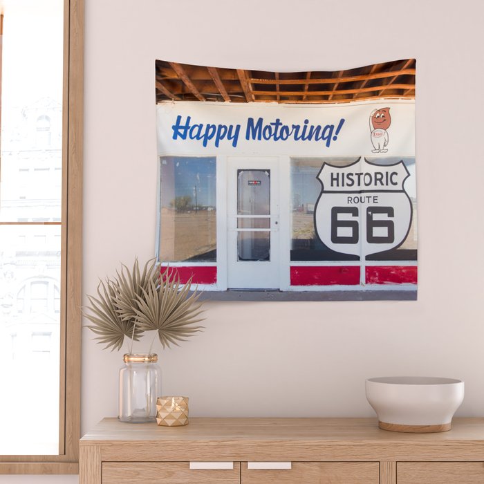 Happy Motoring Garage Route 66 Photography Wall Tapestry Gallery Image 2