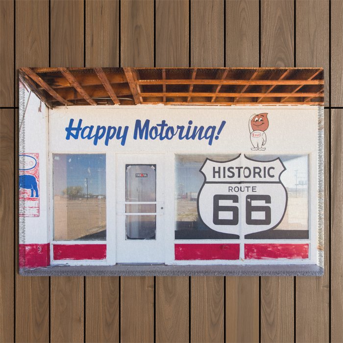 Happy Motoring Garage Route 66 Photography Outdoor Rug Gallery Image 1
