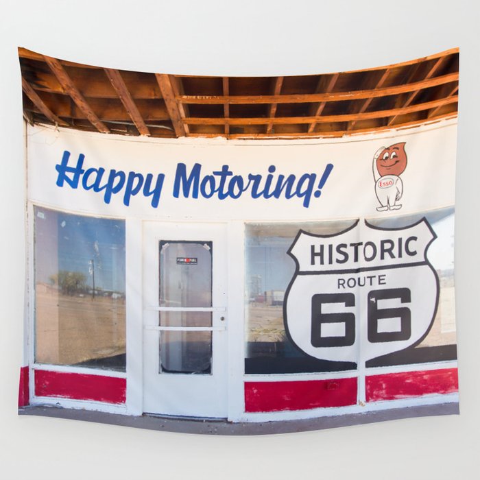 Happy Motoring Garage Route 66 Photography Wall Tapestry