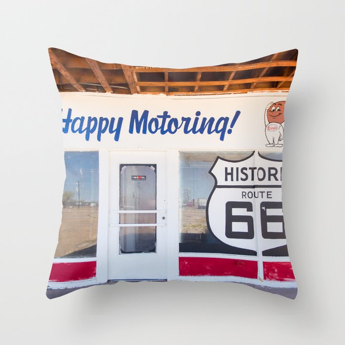 Happy Motoring Garage Route 66 Photography Throw Pillow Gallery Image 1