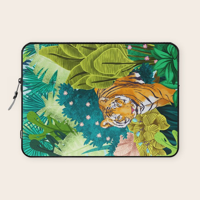 Jungle Tiger | Modern Bohemian Colorful Forest | Tropical Botanical Nature Watercolor Painting Laptop Sleeve Gallery Image 1