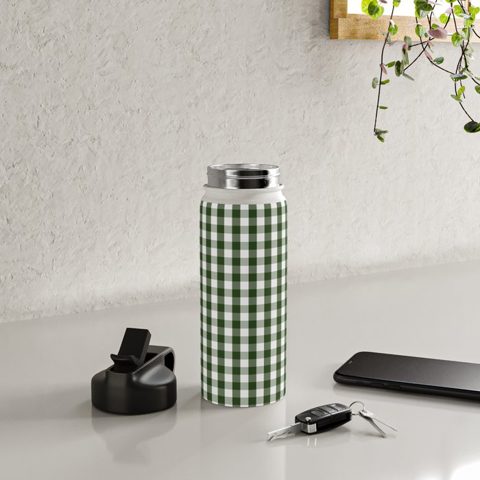 Dark Forest Green and White Gingham Check Water Bottle Gallery Image 5