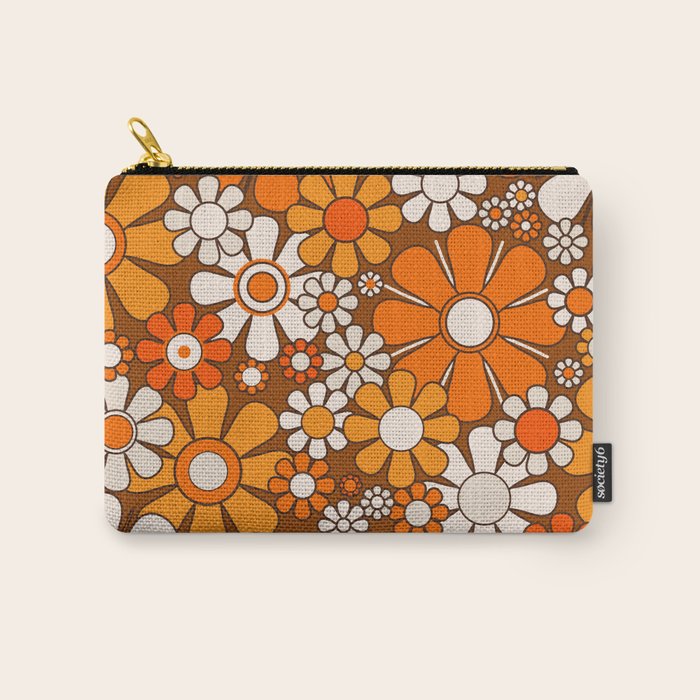 Retro Garden Flowers Groovy Floral Cheerful 60s 70s Pattern in 1970s Orange Brown Beige Carry All Pouch Gallery Image 1