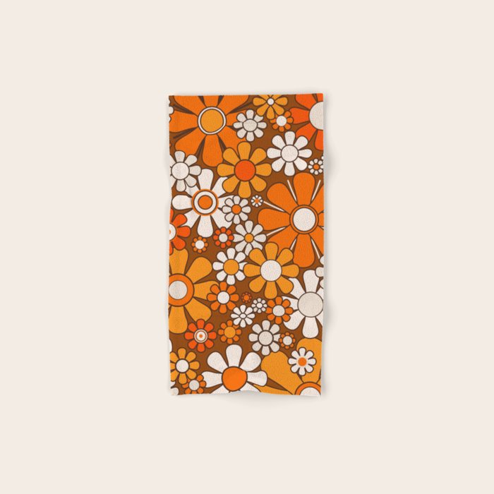 Retro Garden Flowers Groovy Floral Cheerful 60s 70s Pattern in 1970s Orange Brown Beige Bath Towel Gallery Image 1