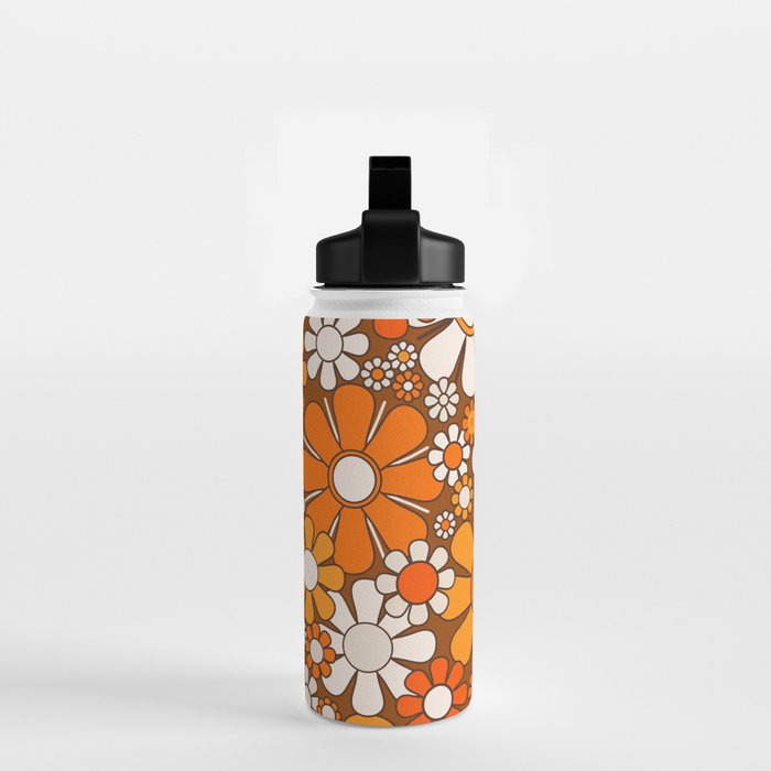 Retro Garden Flowers Groovy Floral Cheerful 60s 70s Pattern in 1970s Orange Brown Beige Water Bottle Gallery Image 2