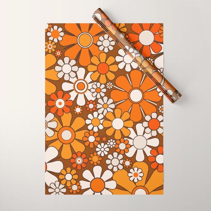 Retro Garden Flowers Groovy Floral Cheerful 60s 70s Pattern in 1970s Orange Brown Beige Wrapping Paper Gallery Image 1