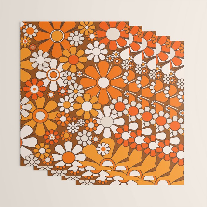 Retro Garden Flowers Groovy Floral Cheerful 60s 70s Pattern in 1970s Orange Brown Beige Wrapping Paper Gallery Image 3