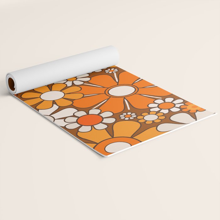 Retro Garden Flowers Groovy Floral Cheerful 60s 70s Pattern in 1970s Orange Brown Beige Yoga Mat Gallery Image 2