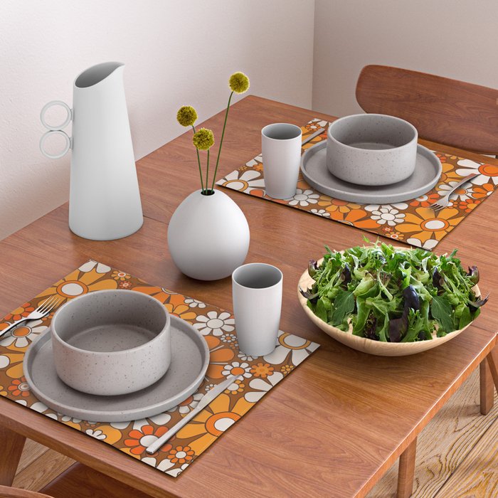 Retro Garden Flowers Groovy Floral Cheerful 60s 70s Pattern in 1970s Orange Brown Beige Placemat Gallery Image 2