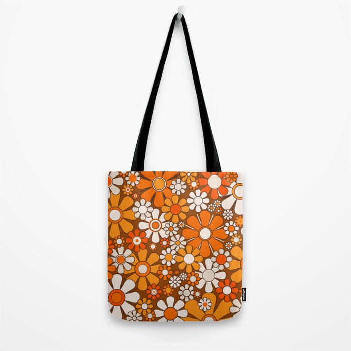 Retro Garden Flowers Groovy Floral Cheerful 60s 70s Pattern in 1970s Orange Brown Beige Tote Bag Gallery Image 2