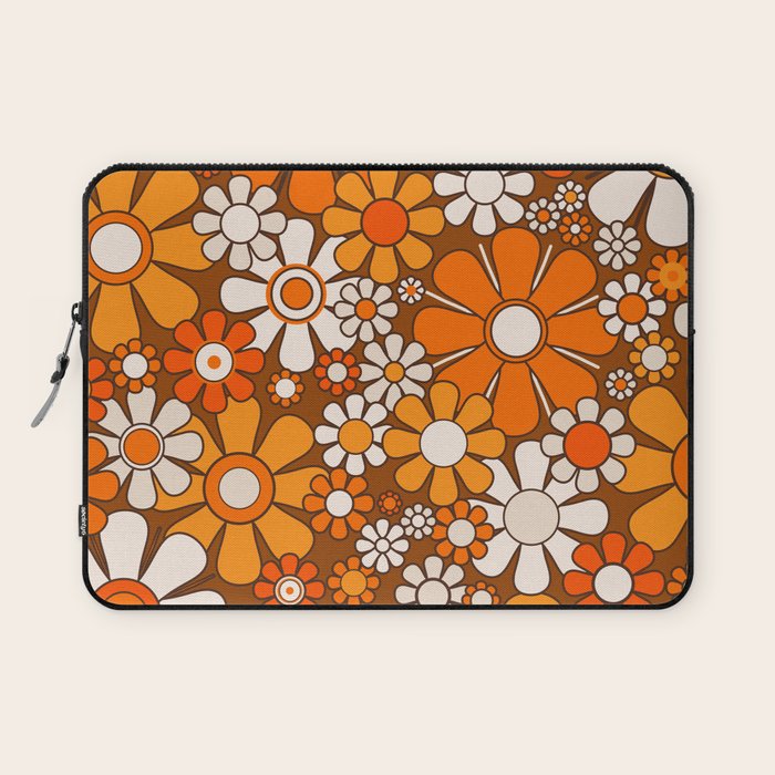 Retro Garden Flowers Groovy Floral Cheerful 60s 70s Pattern in 1970s Orange Brown Beige Laptop Sleeve Gallery Image 1