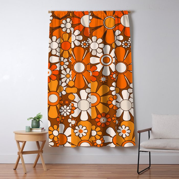 Retro Garden Flowers Groovy Floral Cheerful 60s 70s Pattern in 1970s Orange Brown Beige Window Curtain Gallery Image 1