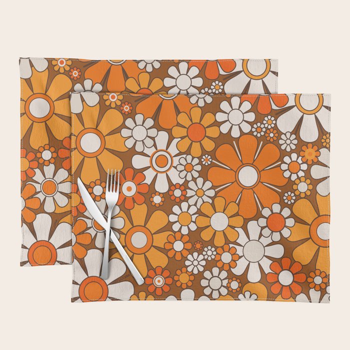 Retro Garden Flowers Groovy Floral Cheerful 60s 70s Pattern in 1970s Orange Brown Beige Placemat Gallery Image 1