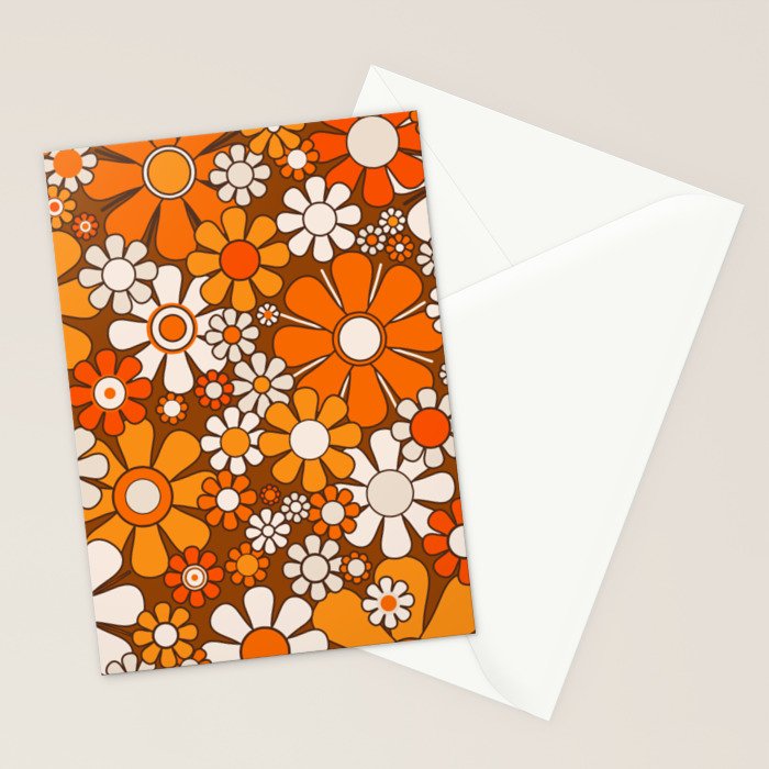Retro Garden Flowers Groovy Floral Cheerful 60s 70s Pattern in 1970s Orange Brown Beige Stationery Card Gallery Image 2