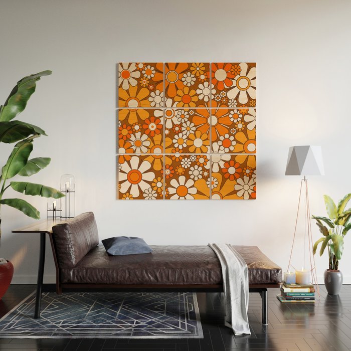 Retro Garden Flowers Groovy Floral Cheerful 60s 70s Pattern in 1970s Orange Brown Beige Wood Wall Art Gallery Image 2