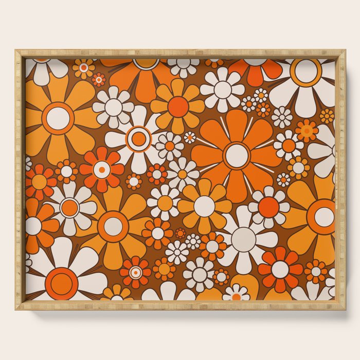 Retro Garden Flowers Groovy Floral Cheerful 60s 70s Pattern in 1970s Orange Brown Beige Serving Tray Gallery Image 1