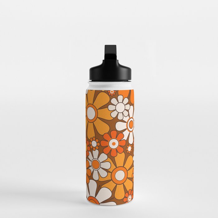 Retro Garden Flowers Groovy Floral Cheerful 60s 70s Pattern in 1970s Orange Brown Beige Water Bottle Gallery Image 3