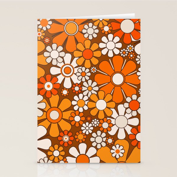 Retro Garden Flowers Groovy Floral Cheerful 60s 70s Pattern in 1970s Orange Brown Beige Stationery Card Gallery Image 2