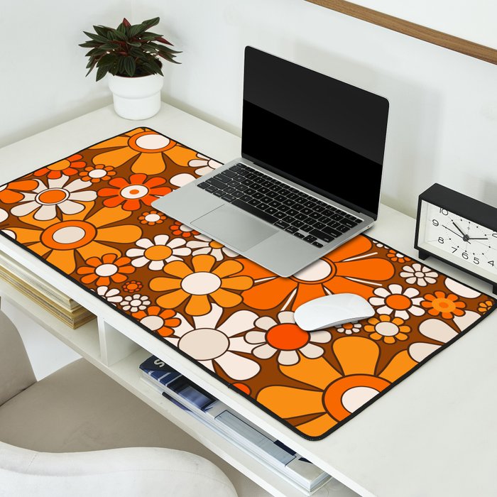 Retro Garden Flowers Groovy Floral Cheerful 60s 70s Pattern in 1970s Orange Brown Beige Desk Mat Gallery Image 2
