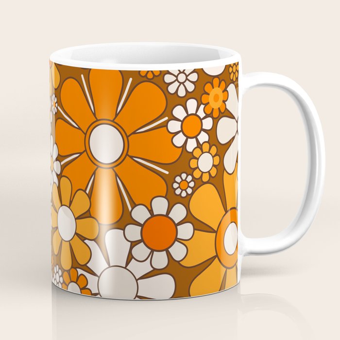 Retro Garden Flowers Groovy Floral Cheerful 60s 70s Pattern in 1970s Orange Brown Beige Coffee Mug Gallery Image 1