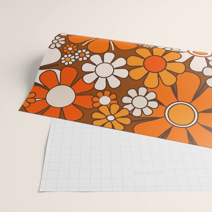 Retro Garden Flowers Groovy Floral Cheerful 60s 70s Pattern in 1970s Orange Brown Beige Wrapping Paper Gallery Image 2