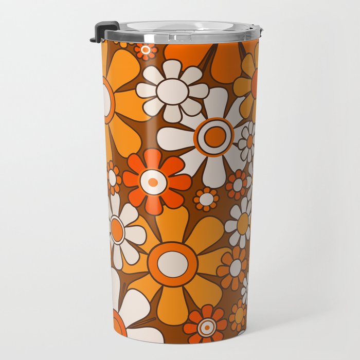 Retro Garden Flowers Groovy Floral Cheerful 60s 70s Pattern in 1970s Orange Brown Beige Travel Mug Gallery Image 3