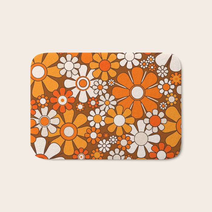 Retro Garden Flowers Groovy Floral Cheerful 60s 70s Pattern in 1970s Orange Brown Beige Bath Mat Gallery Image 1