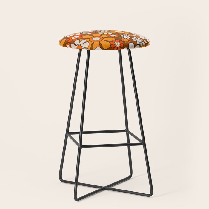 Retro Garden Flowers Groovy Floral Cheerful 60s 70s Pattern in 1970s Orange Brown Beige Stool Gallery Image 1