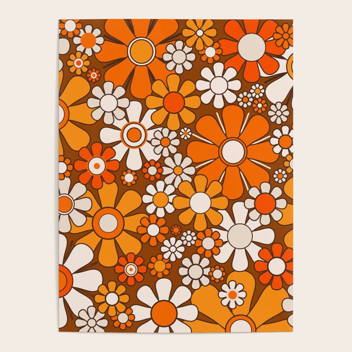 Retro Garden Flowers Groovy Floral Cheerful 60s 70s Pattern in 1970s Orange Brown Beige Poster Gallery Image 1