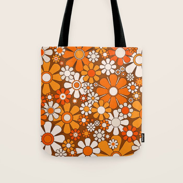 Retro Garden Flowers Groovy Floral Cheerful 60s 70s Pattern in 1970s Orange Brown Beige Tote Bag Gallery Image 1