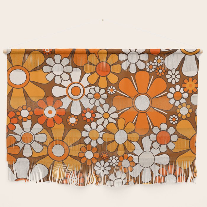 Retro Garden Flowers Groovy Floral Cheerful 60s 70s Pattern in 1970s Orange Brown Beige Wall Hanging Gallery Image 1