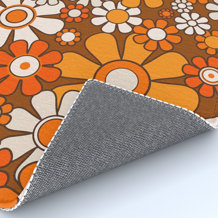 Retro Garden Flowers Groovy Floral Cheerful 60s 70s Pattern in 1970s Orange Brown Beige Rug Gallery Image 4