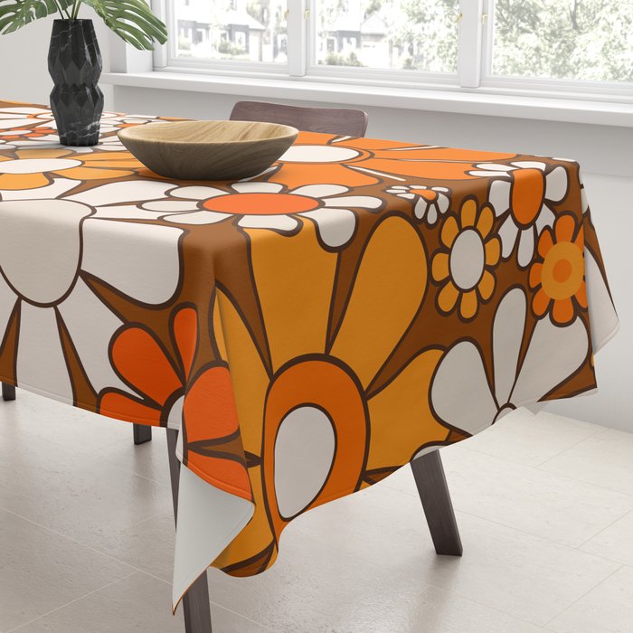 Retro Garden Flowers Groovy Floral Cheerful 60s 70s Pattern in 1970s Orange Brown Beige Tablecloth Gallery Image 3