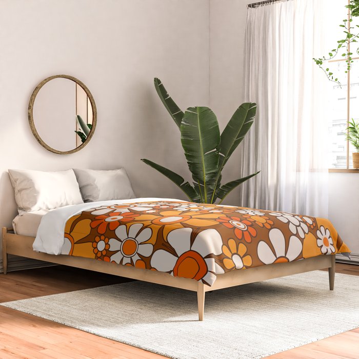 Retro Garden Flowers Groovy Floral Cheerful 60s 70s Pattern in 1970s Orange Brown Beige Comforter Gallery Image 2