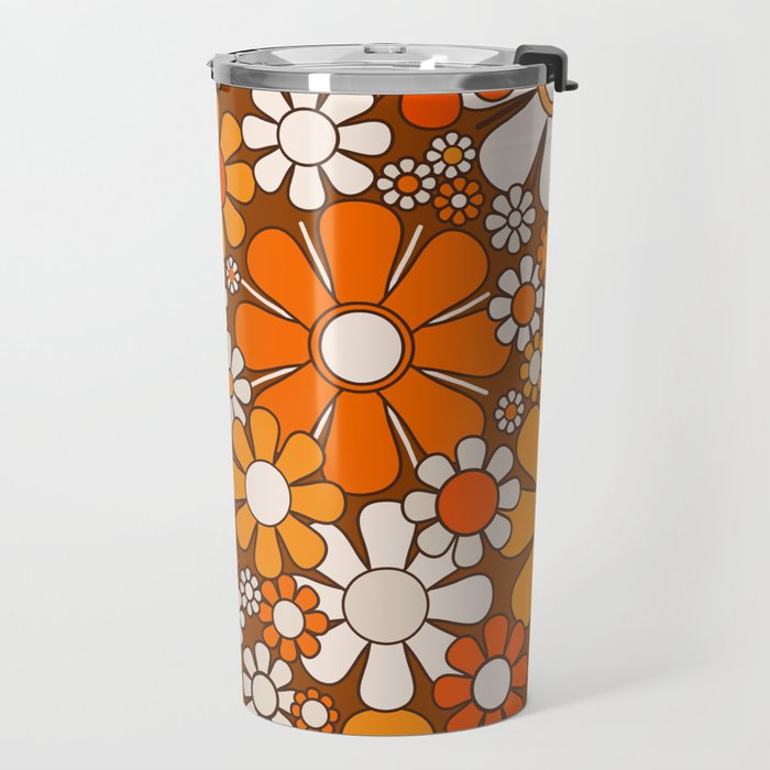 Retro Garden Flowers Groovy Floral Cheerful 60s 70s Pattern in 1970s Orange Brown Beige Travel Mug Gallery Image 2